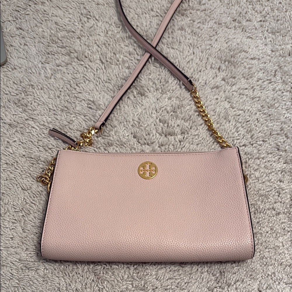 Tory Burch Pink and Gold Crossbody Bag with Chain Detail